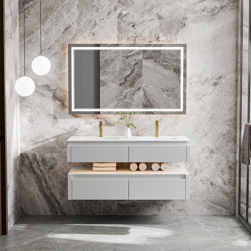 48 Inch Floating Bathroom Vanity with LED Functionality and Double Sinks