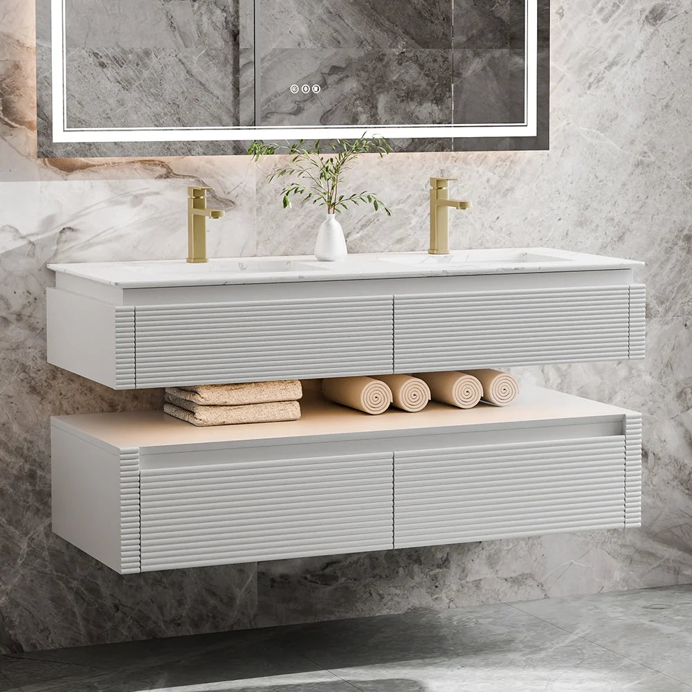 48 Inch Floating Bathroom Vanity with LED Functionality and Double Sinks