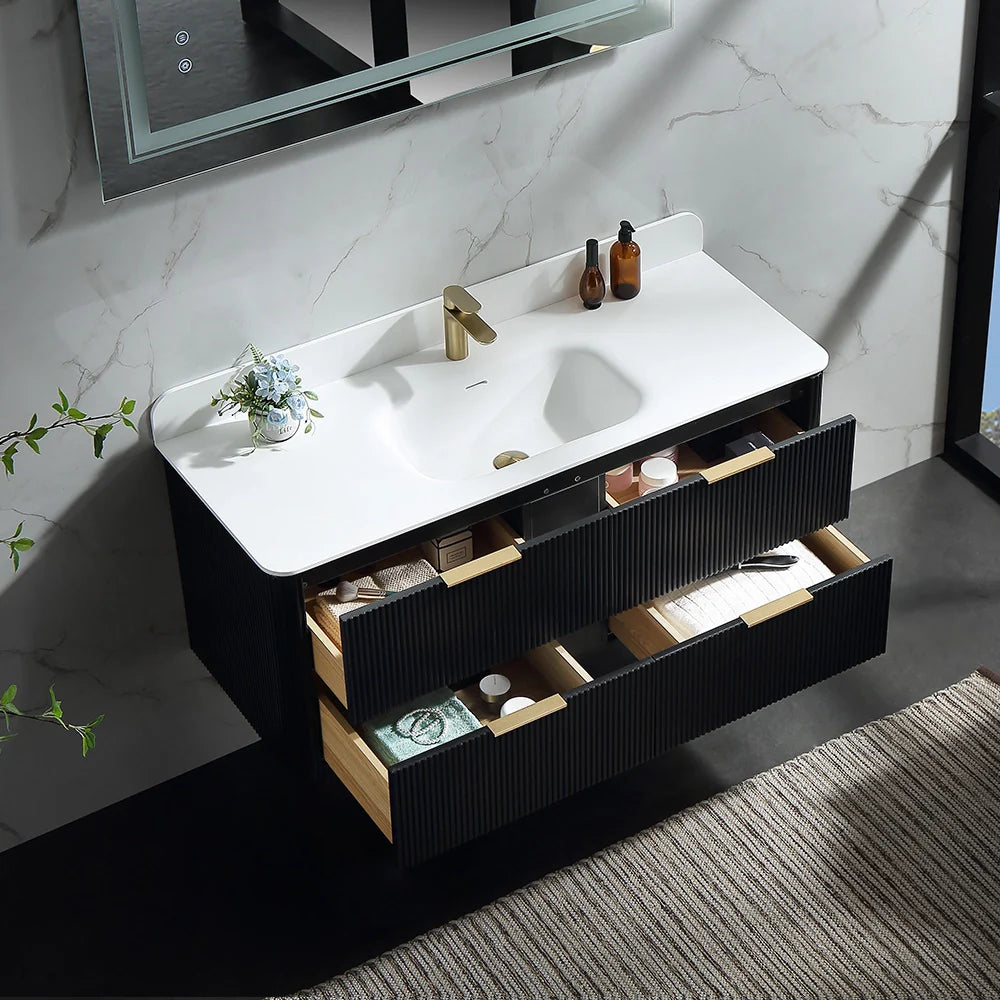 48 Inch Reeded Oak Bathroom Floating Vanity with Acrylic Single Sink