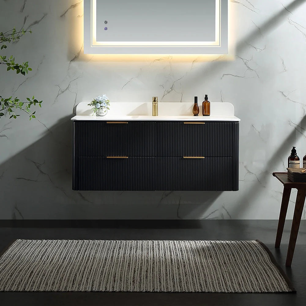 48 Inch Reeded Oak Bathroom Floating Vanity with Acrylic Single Sink