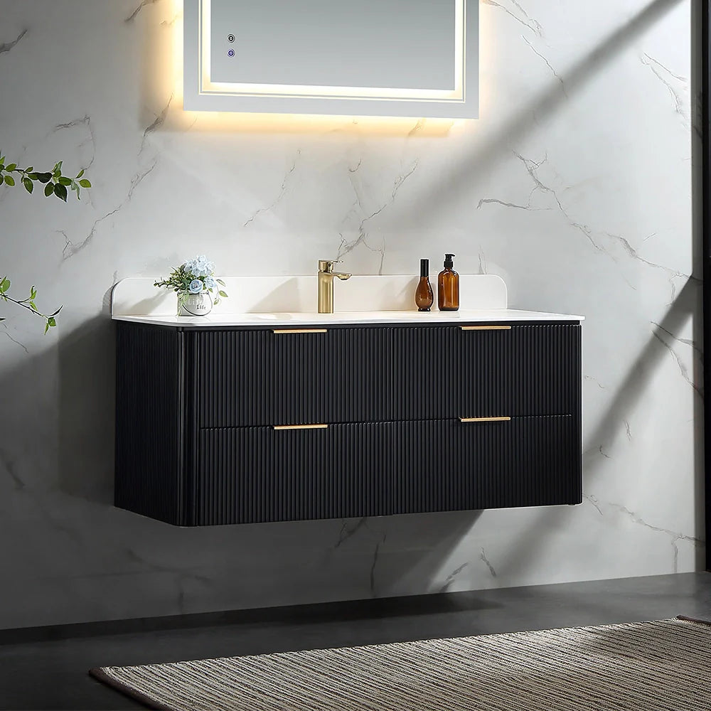 48 Inch Reeded Oak Bathroom Floating Vanity with Acrylic Single Sink