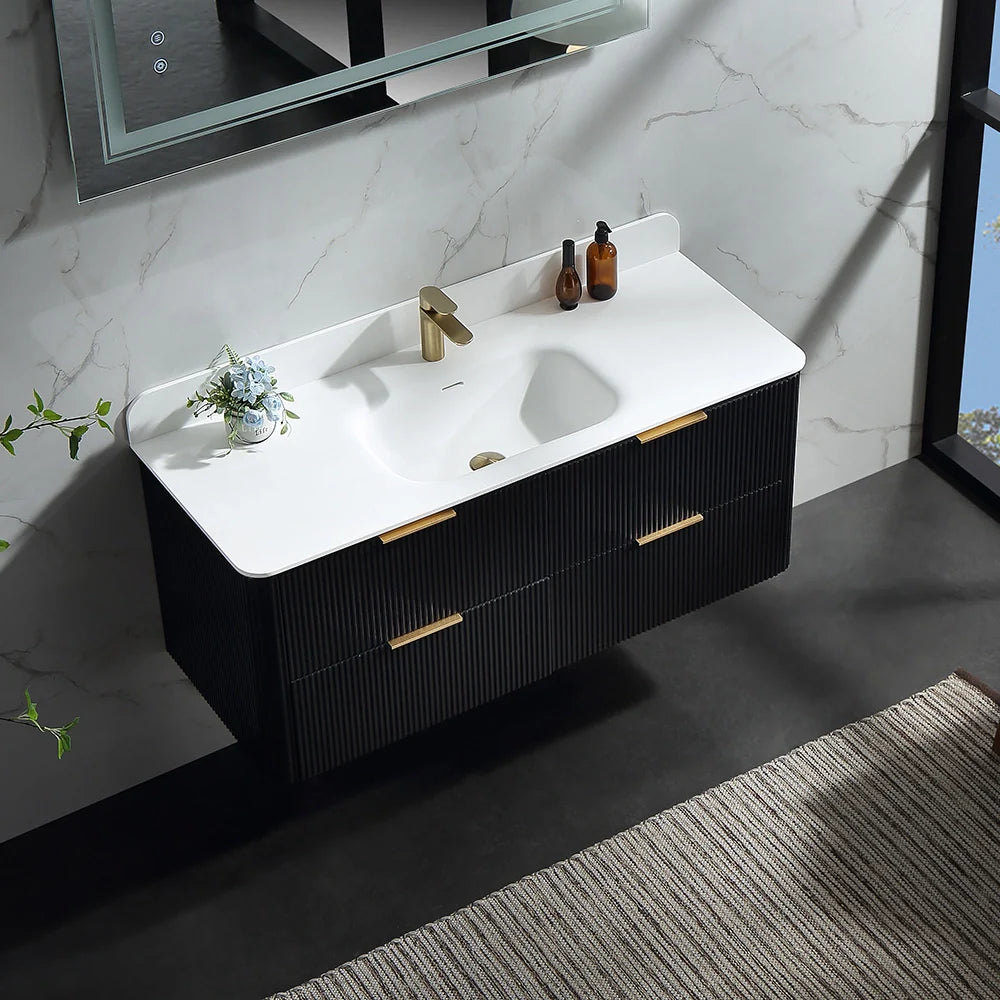 48 Inch Reeded Oak Bathroom Floating Vanity with Acrylic Single Sink