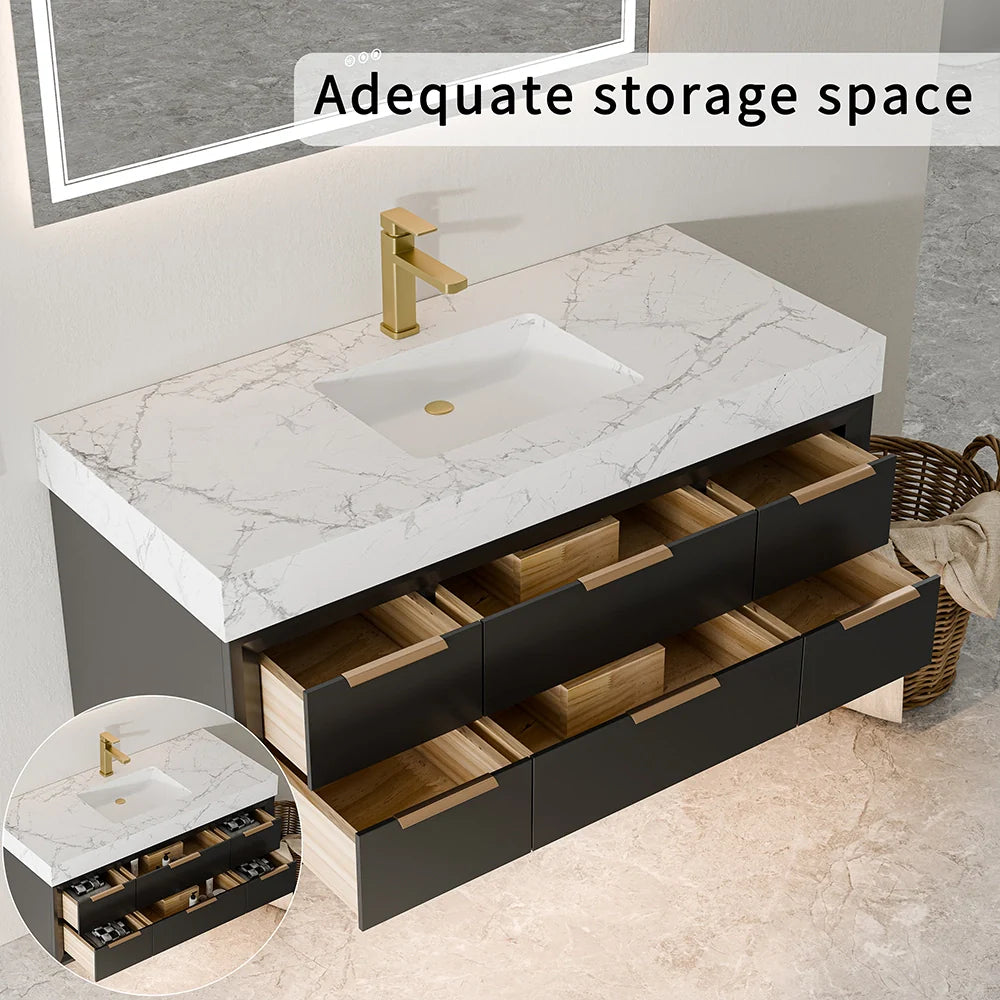 48 Inch Modern Floating Bathroom Vanity with Marble Countertop