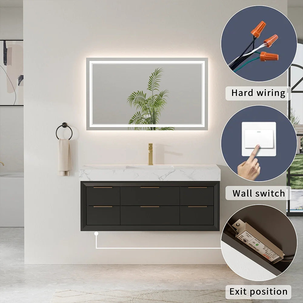 48 Inch Modern Floating Bathroom Vanity with Marble Countertop
