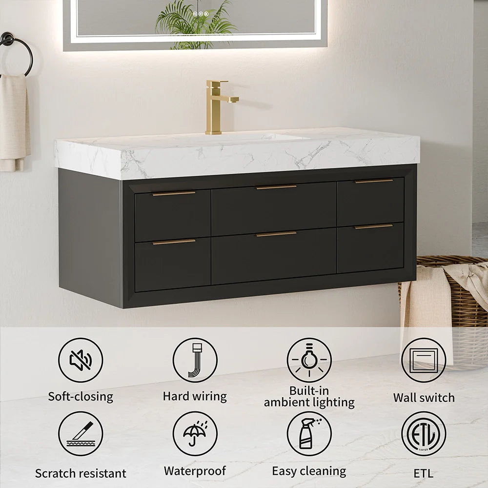 48 Inch Modern Floating Bathroom Vanity with Marble Countertop
