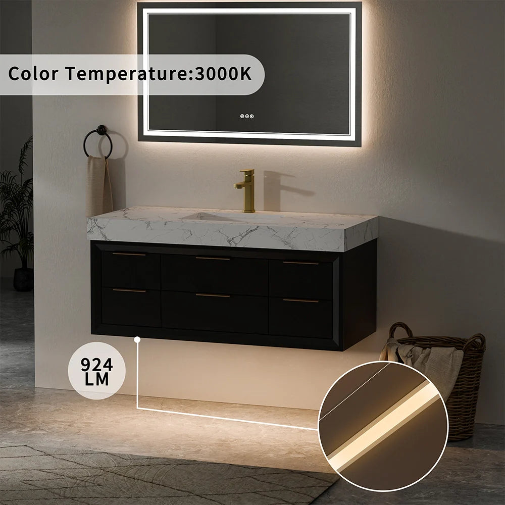 48 Inch Modern Floating Bathroom Vanity with Marble Countertop