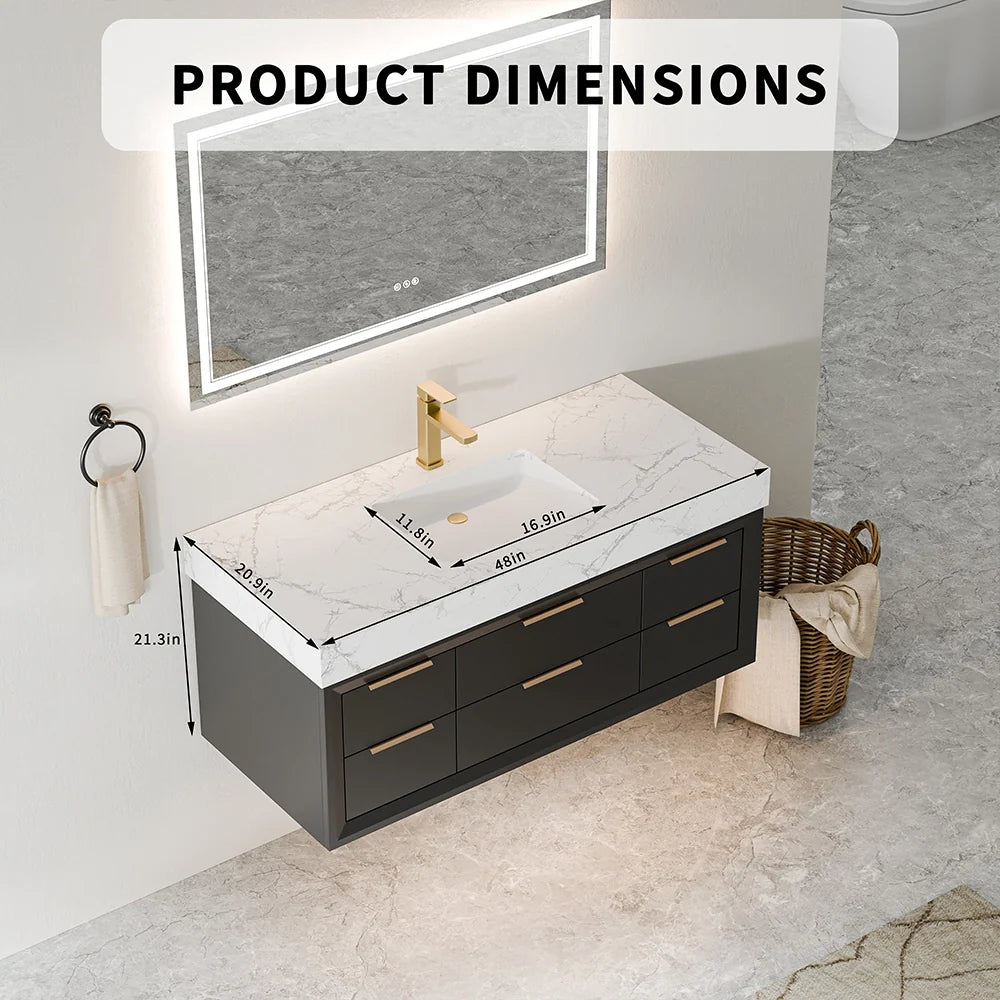 48 Inch Modern Floating Bathroom Vanity with Marble Countertop