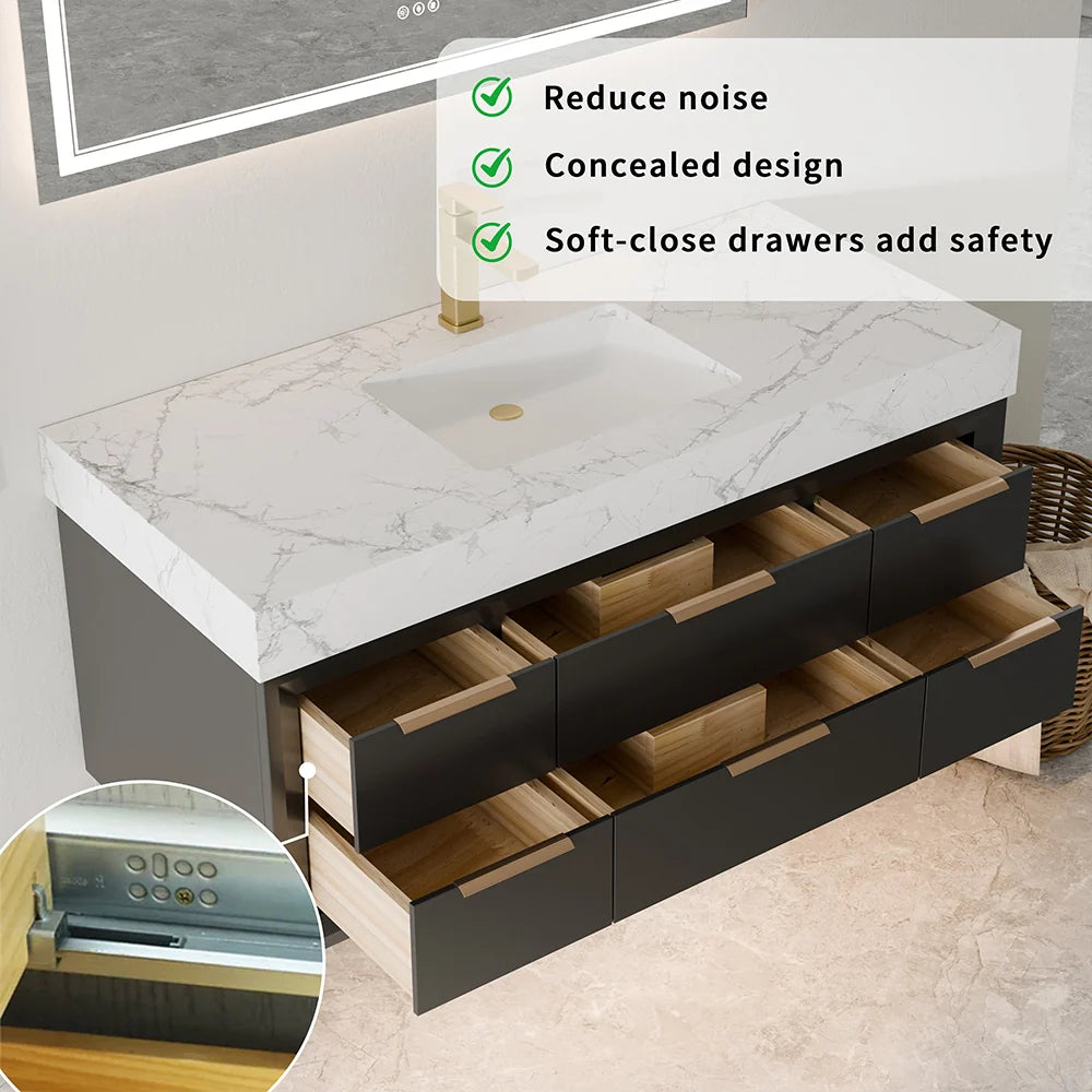 48 Inch Modern Floating Bathroom Vanity with Marble Countertop