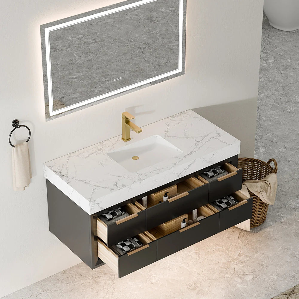 48 Inch Modern Floating Bathroom Vanity with Marble Countertop