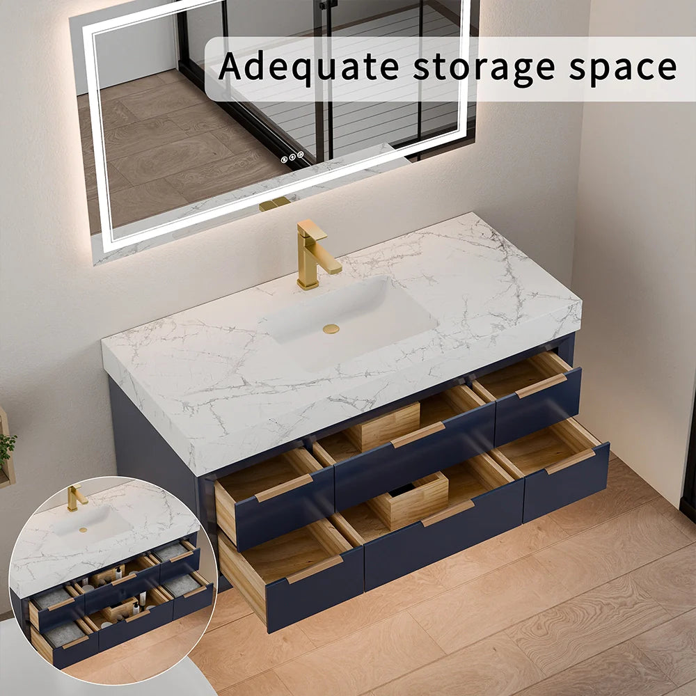 48 Inch Modern Floating Bathroom Vanity with Marble Countertop