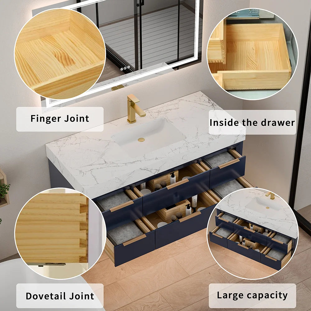 48 Inch Modern Floating Bathroom Vanity with Marble Countertop