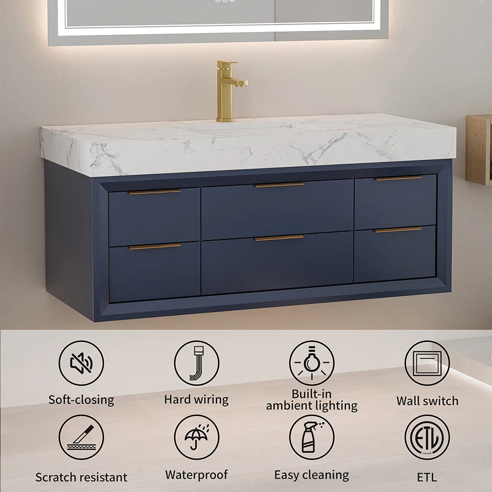 48 Inch Modern Floating Bathroom Vanity with Marble Countertop