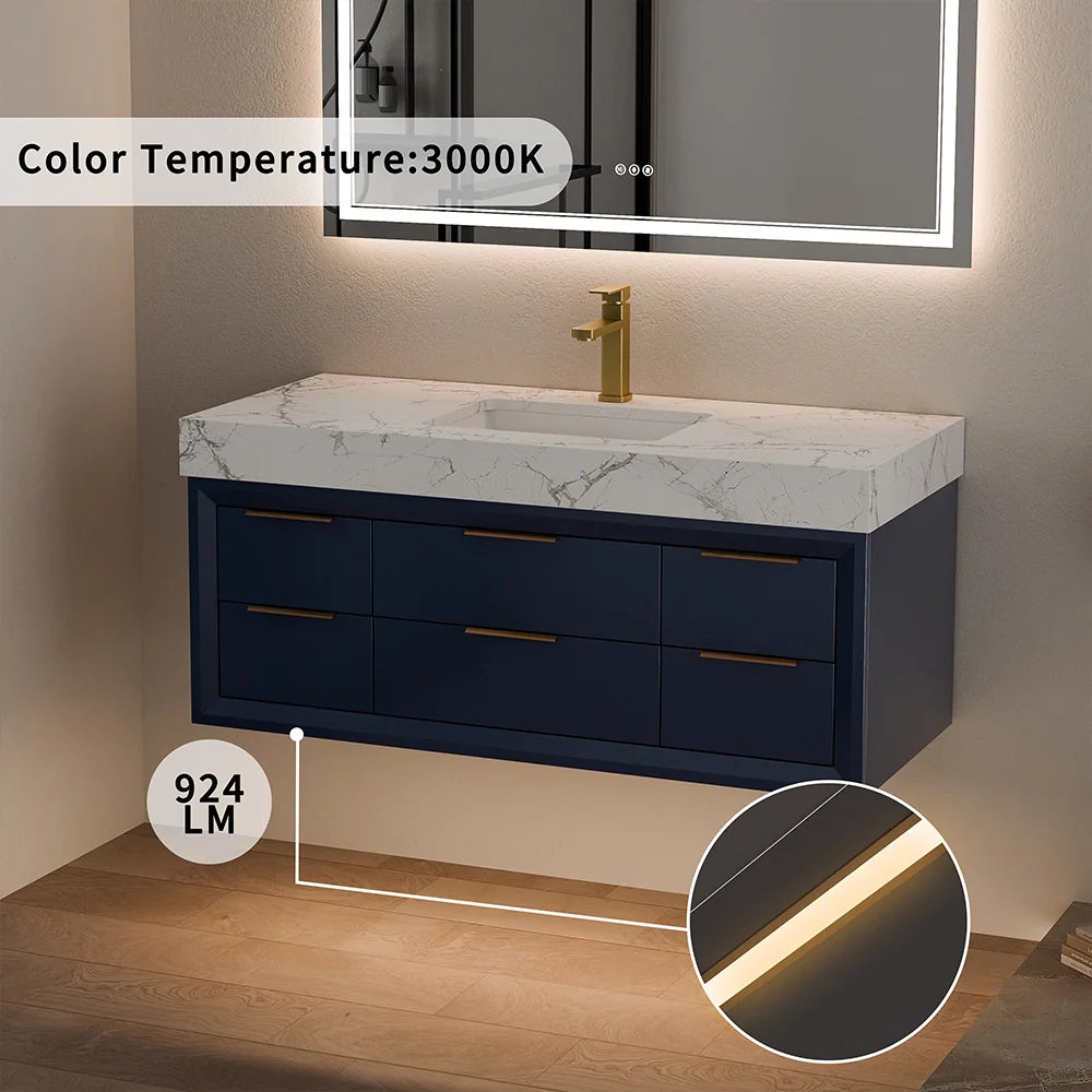 48 Inch Modern Floating Bathroom Vanity with Marble Countertop