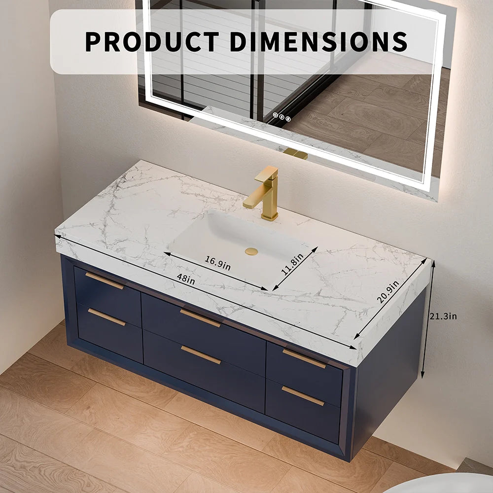 48 Inch Modern Floating Bathroom Vanity with Marble Countertop