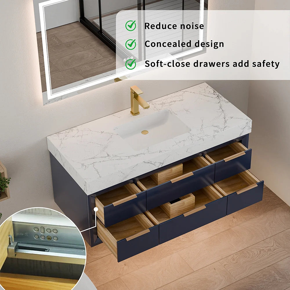 48 Inch Modern Floating Bathroom Vanity with Marble Countertop