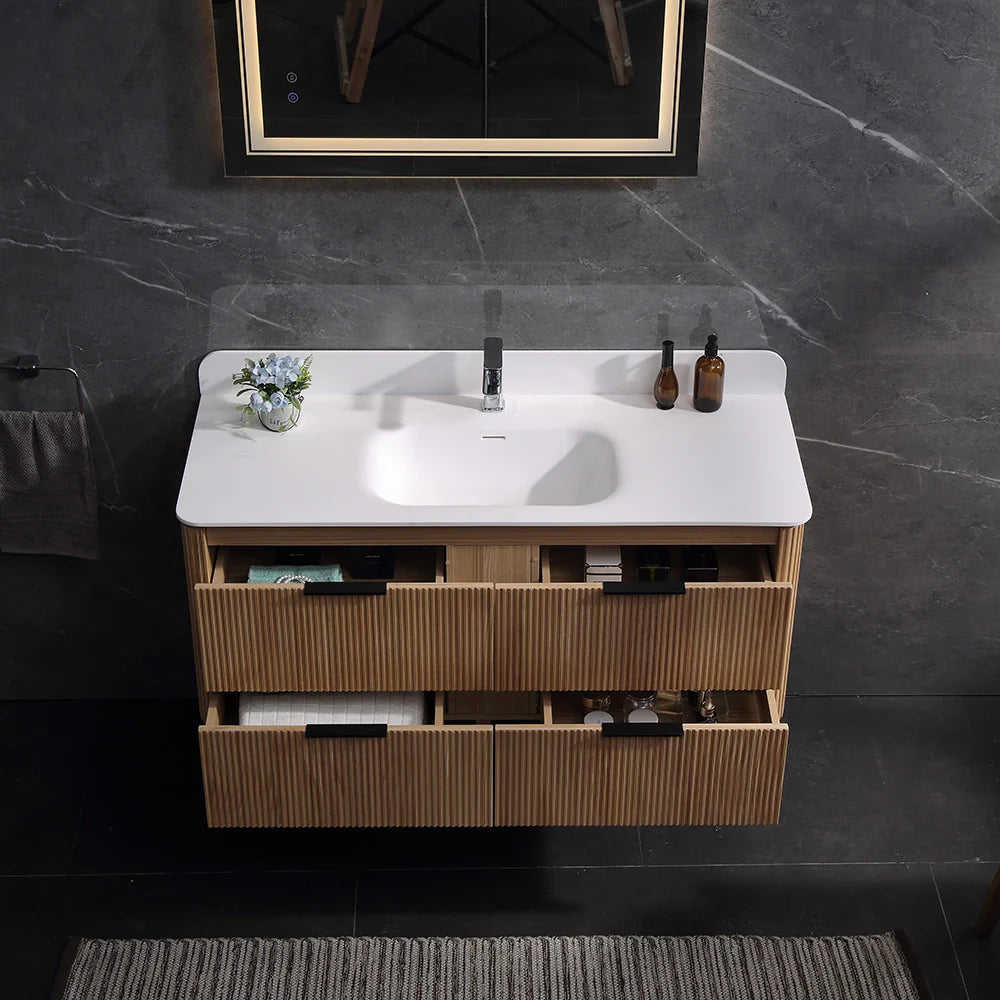 48 Inch Reeded Oak Bathroom Floating Vanity with Acrylic Single Sink