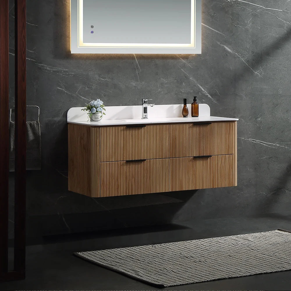 48 Inch Reeded Oak Bathroom Floating Vanity with Acrylic Single Sink