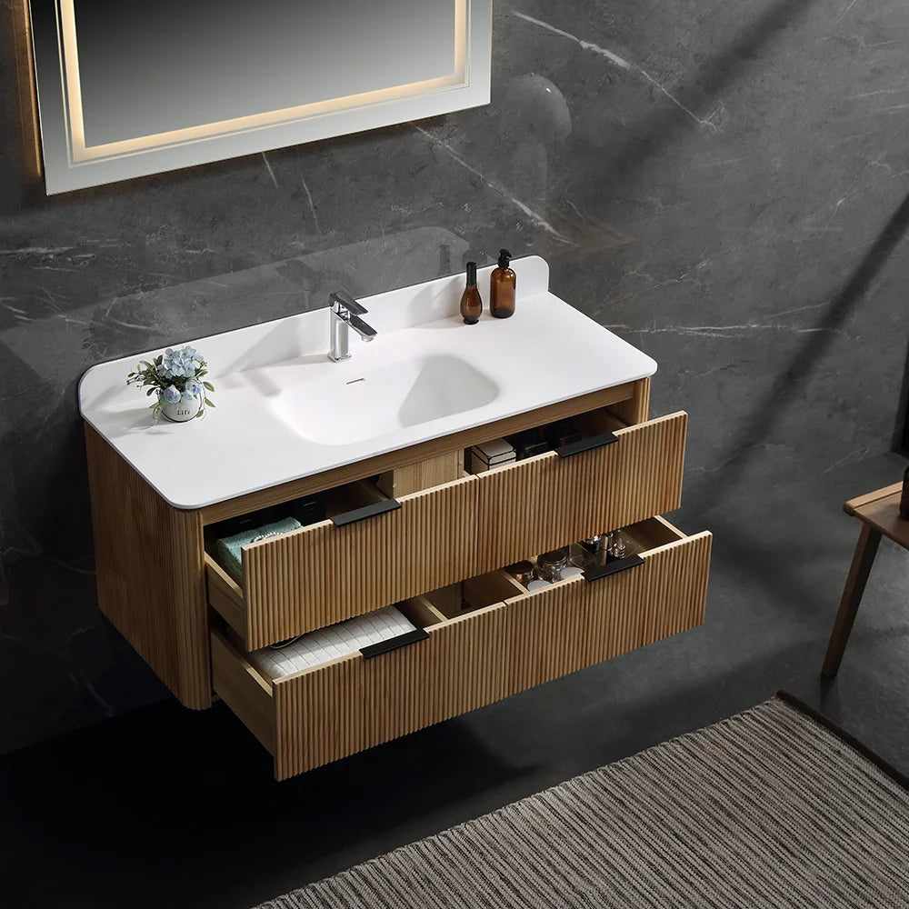 48 Inch Reeded Oak Bathroom Floating Vanity with Acrylic Single Sink