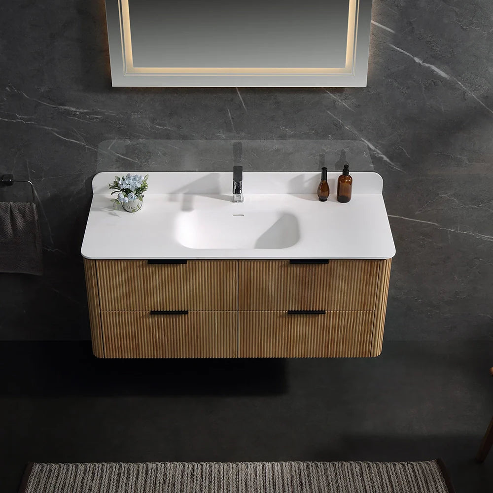 48 Inch Reeded Oak Bathroom Floating Vanity with Acrylic Single Sink