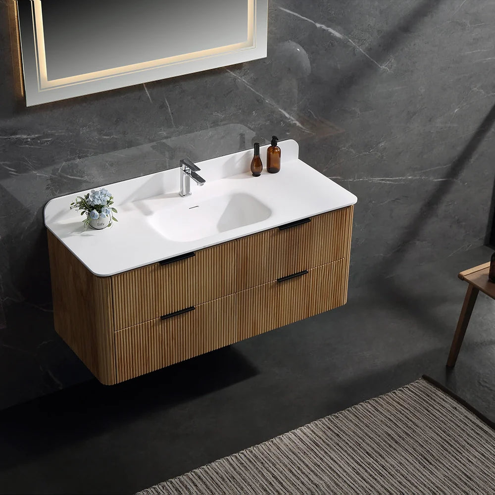 48 Inch Reeded Oak Bathroom Floating Vanity with Acrylic Single Sink