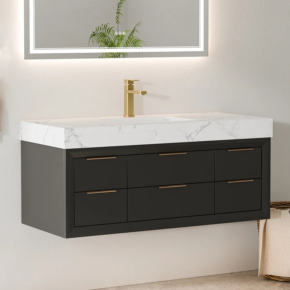 48 Inch Modern Floating Bathroom Vanity with Marble Countertop