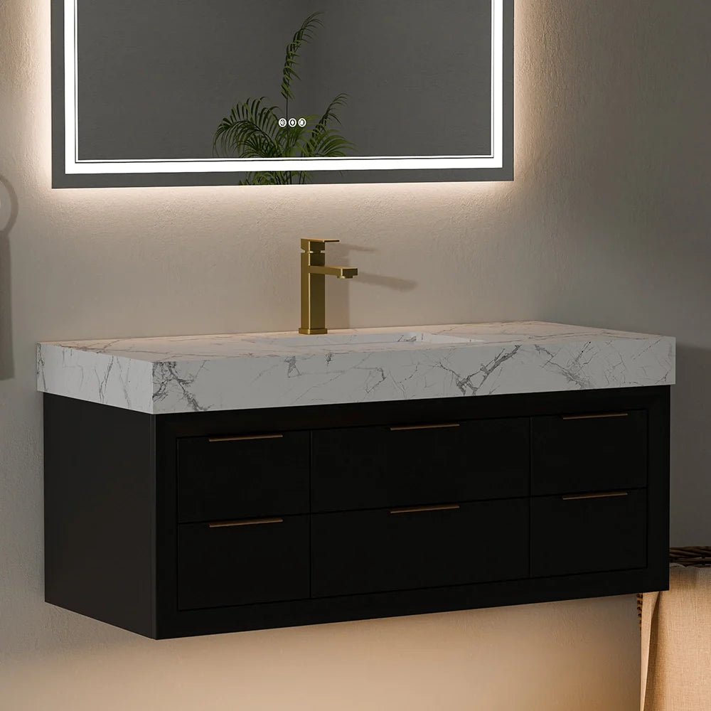48 Inch Modern Floating Bathroom Vanity with Marble Countertop