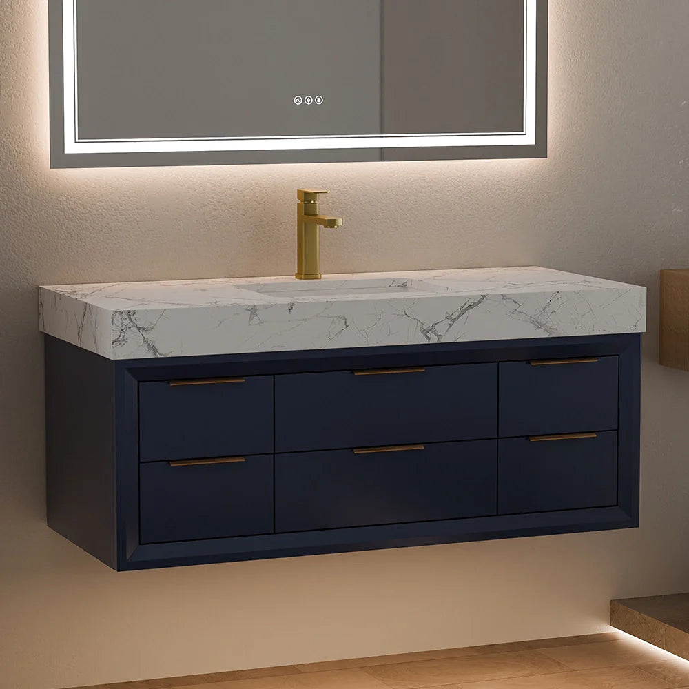 48 Inch Modern Floating Bathroom Vanity with Marble Countertop