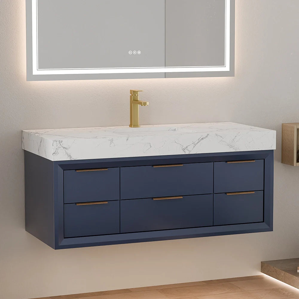 48 Inch Modern Floating Bathroom Vanity with Marble Countertop