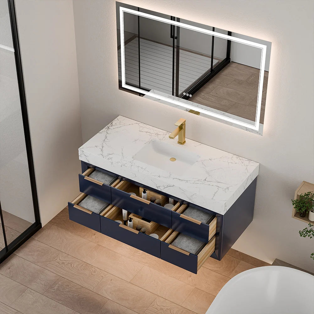 48 Inch Modern Floating Bathroom Vanity with Marble Countertop