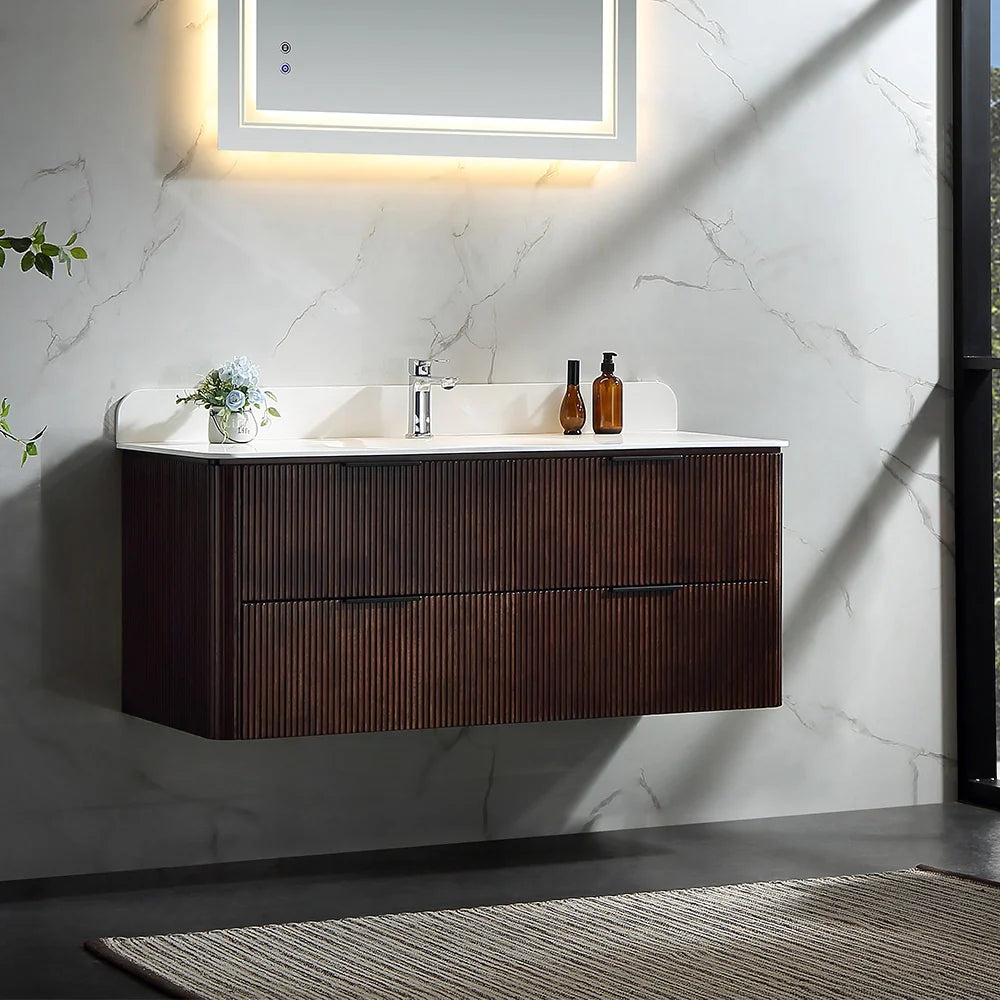 48 Inch Reeded Oak Bathroom Floating Vanity with Acrylic Single Sink