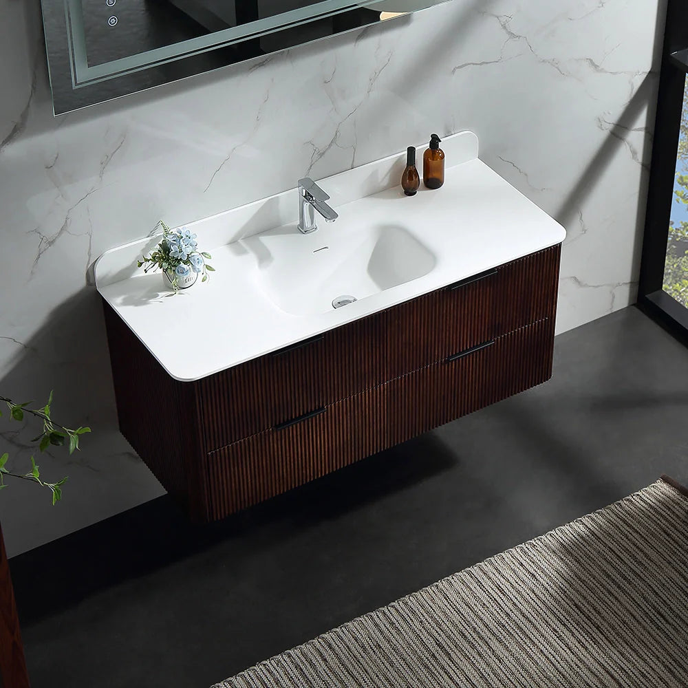 48 Inch Reeded Oak Bathroom Floating Vanity with Acrylic Single Sink