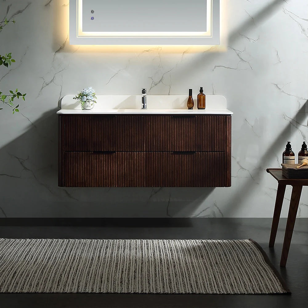 48 Inch Reeded Oak Bathroom Floating Vanity with Acrylic Single Sink
