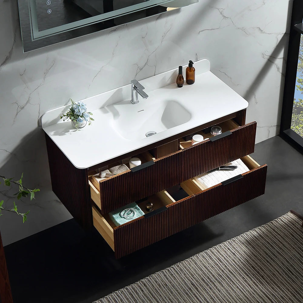 48 Inch Reeded Oak Bathroom Floating Vanity with Acrylic Single Sink