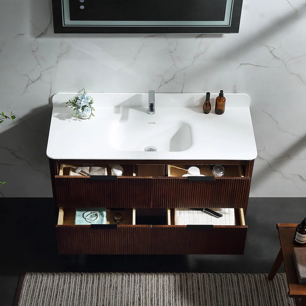 48 Inch Reeded Oak Bathroom Floating Vanity with Acrylic Single Sink