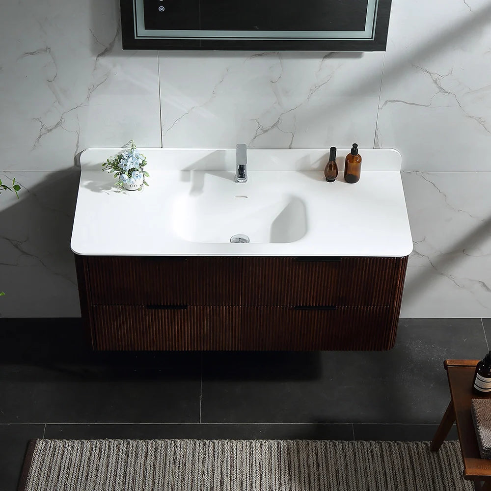 48 Inch Reeded Oak Bathroom Floating Vanity with Acrylic Single Sink