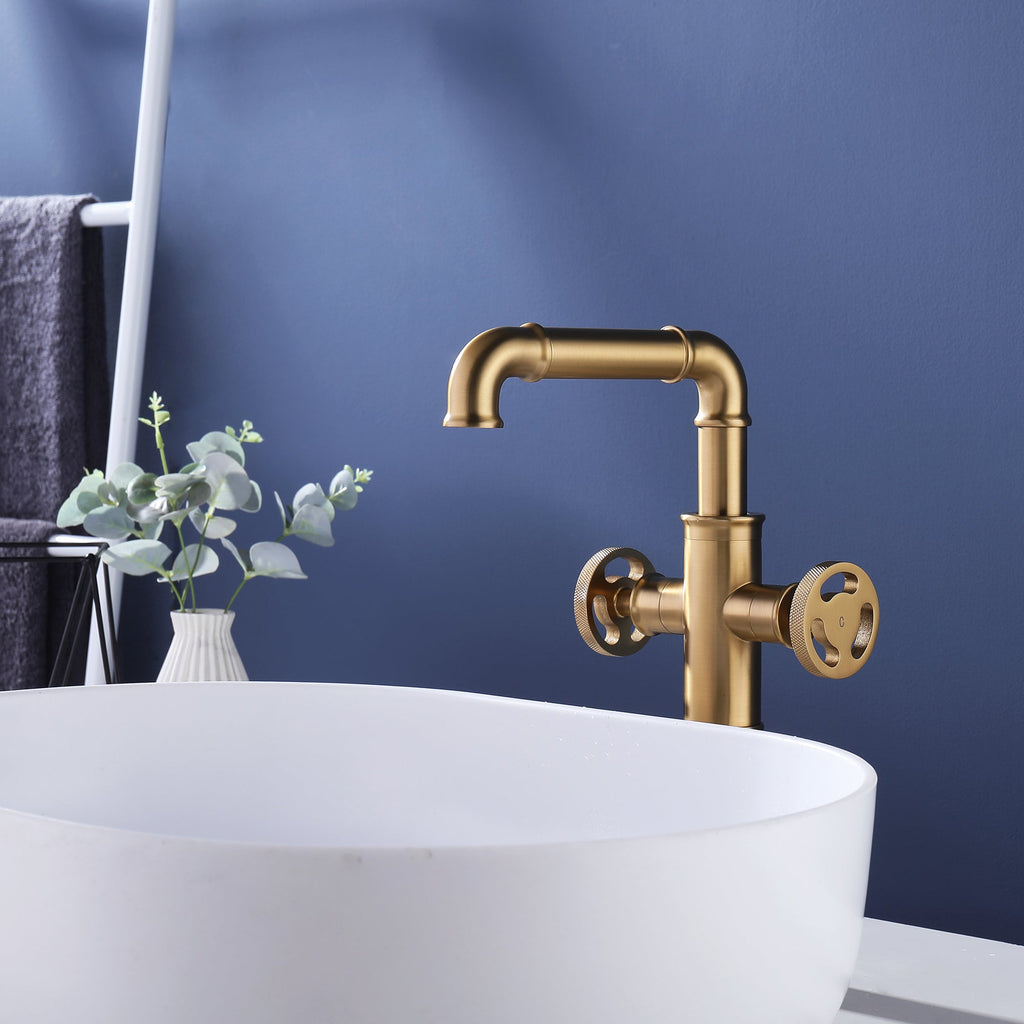 Deck Mounted Dual Handles Bathroom Vessel Sink Faucet