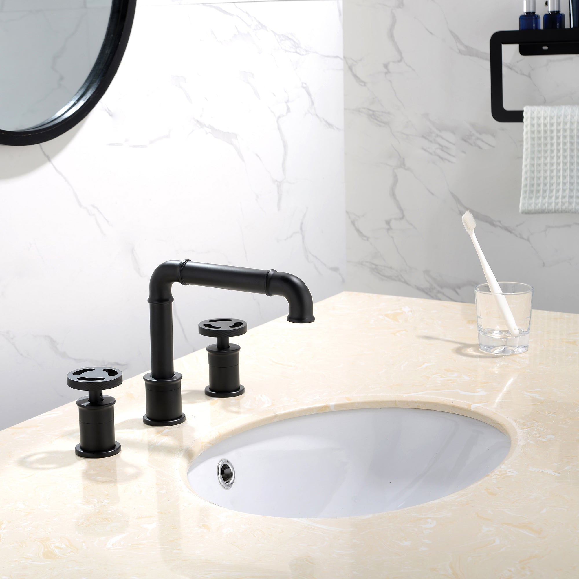 Deck Mounted Dual Handles Modern Industrial Style Bathroom Sink Faucet