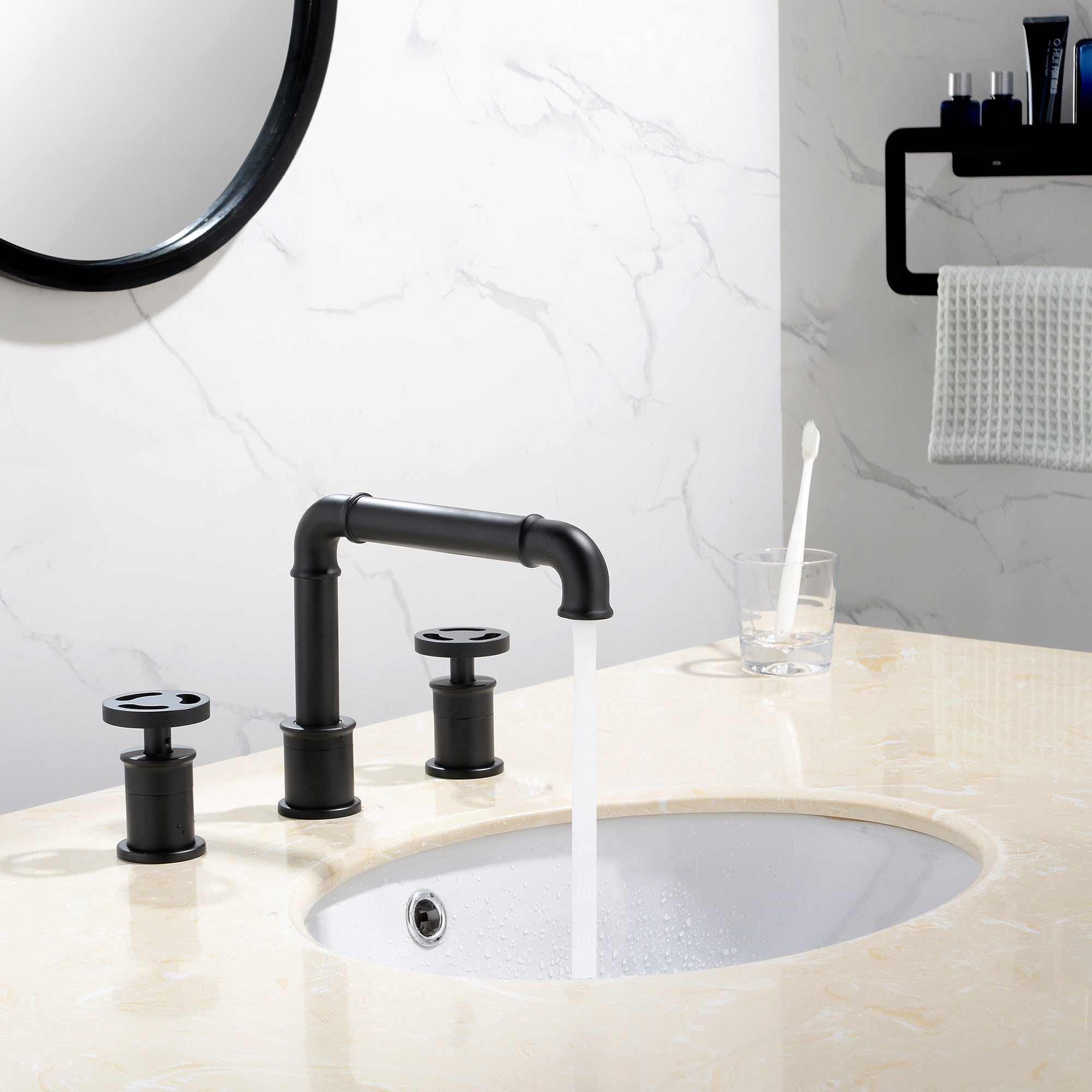 Deck Mounted Dual Handles Modern Industrial Style Bathroom Sink Faucet