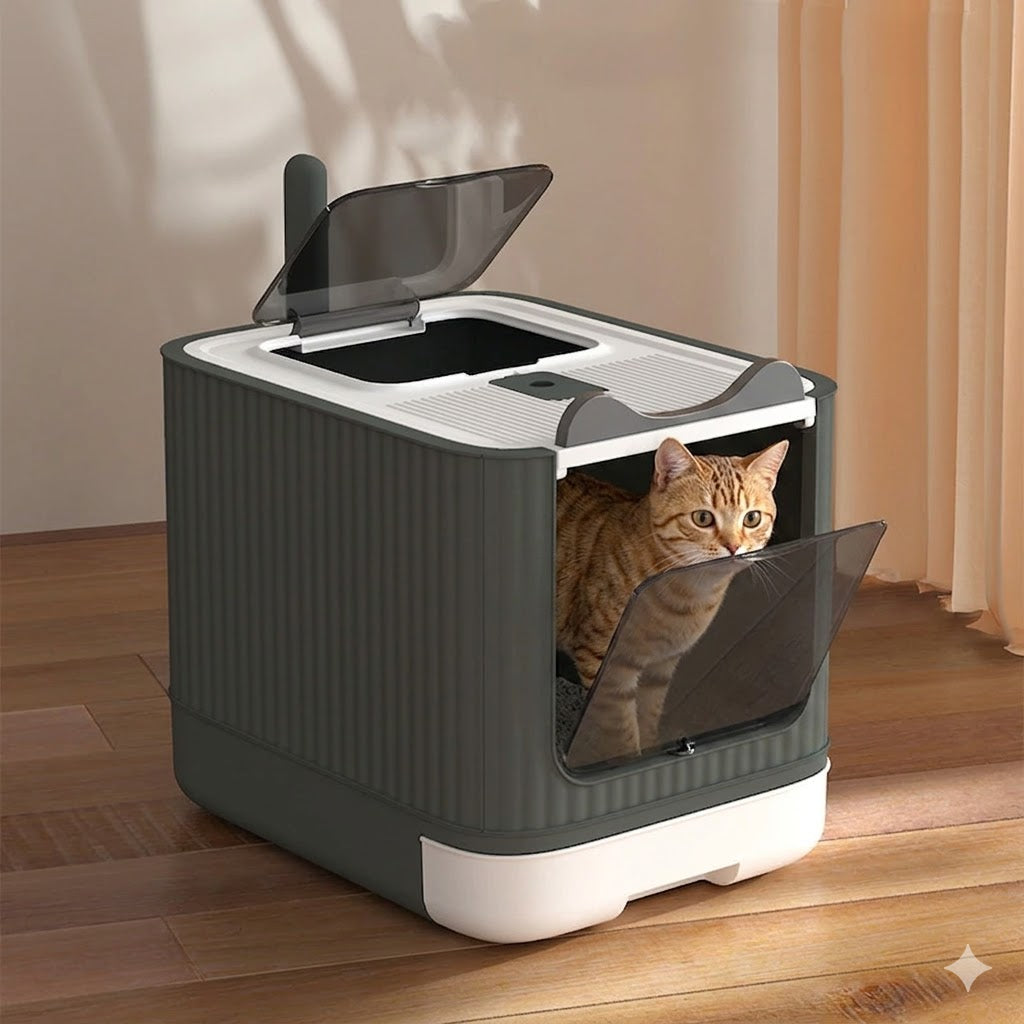 Fully Enclosed Cat Litter Box with UV Disinfecting and Deodorizing Light – Large Covered Litter Pan with In/Out Door Control
