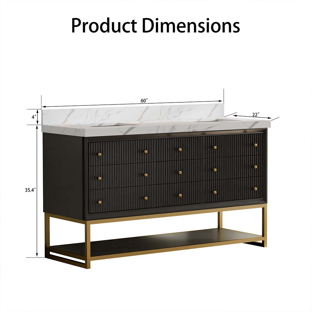 60-In Fluted Solid Wood Bathroom Vanity, PU Lacquer, Half-Frame Steel Base – Double Sink