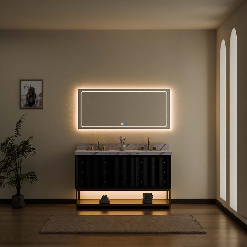 60-In Fluted Solid Wood Bathroom Vanity, PU Lacquer, Half-Frame Steel Base – Double Sink