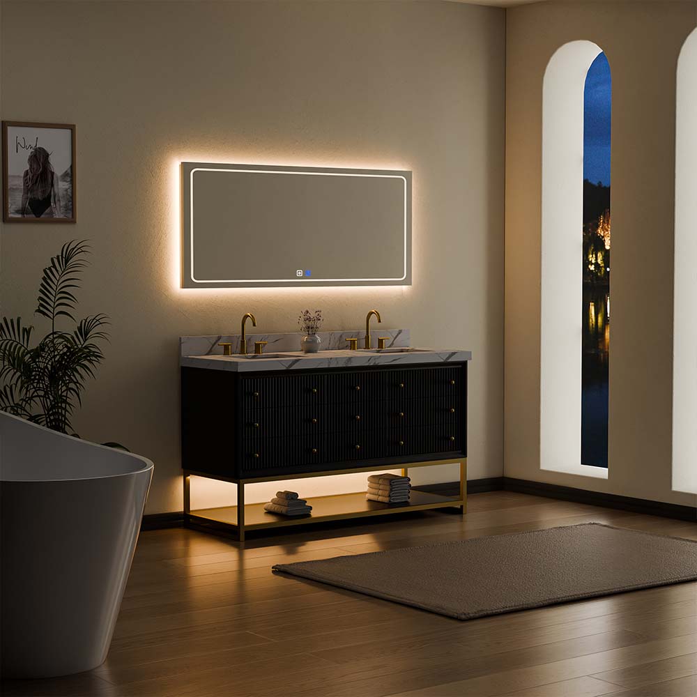 60-In Fluted Solid Wood Bathroom Vanity, PU Lacquer, Half-Frame Steel Base – Double Sink