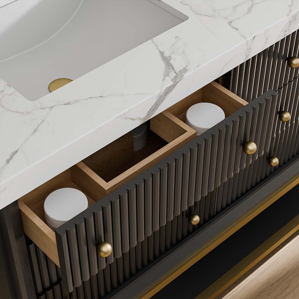 60-In Fluted Solid Wood Bathroom Vanity, PU Lacquer, Half-Frame Steel Base – Double Sink