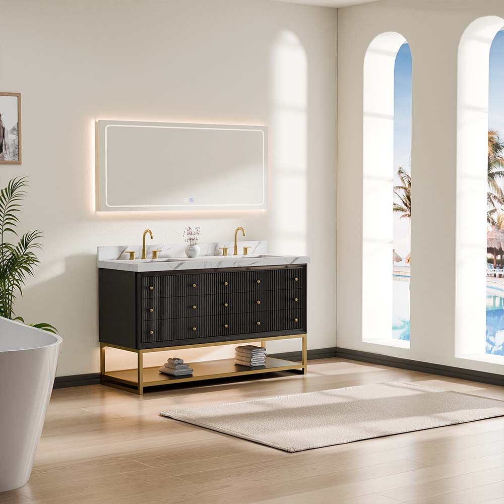 60-In Fluted Solid Wood Bathroom Vanity, PU Lacquer, Half-Frame Steel Base – Double Sink