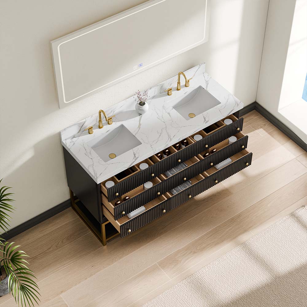 60-In Fluted Solid Wood Bathroom Vanity, PU Lacquer, Half-Frame Steel Base – Double Sink