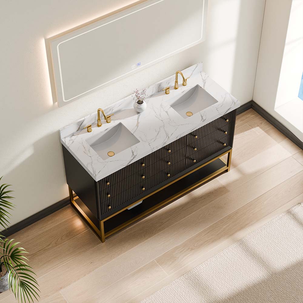 60-In Fluted Solid Wood Bathroom Vanity, PU Lacquer, Half-Frame Steel Base – Double Sink