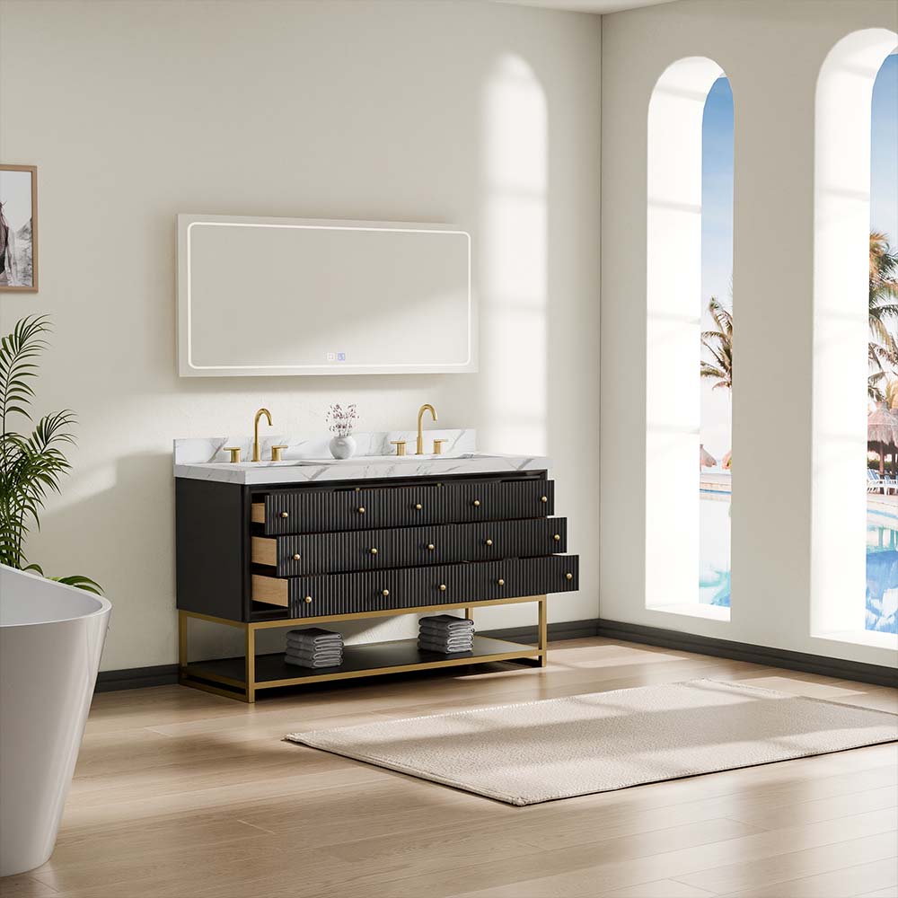 60-In Fluted Solid Wood Bathroom Vanity, PU Lacquer, Half-Frame Steel Base – Double Sink