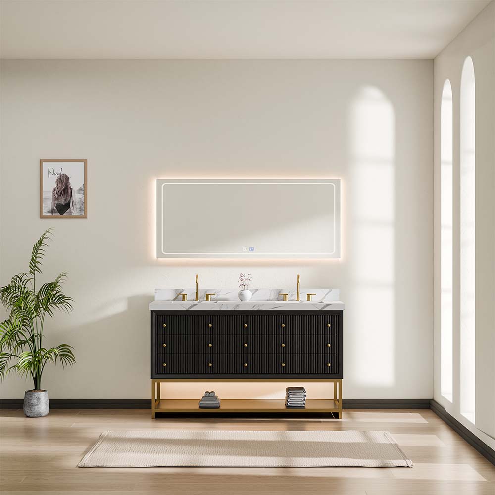 60-In Fluted Solid Wood Bathroom Vanity, PU Lacquer, Half-Frame Steel Base – Double Sink