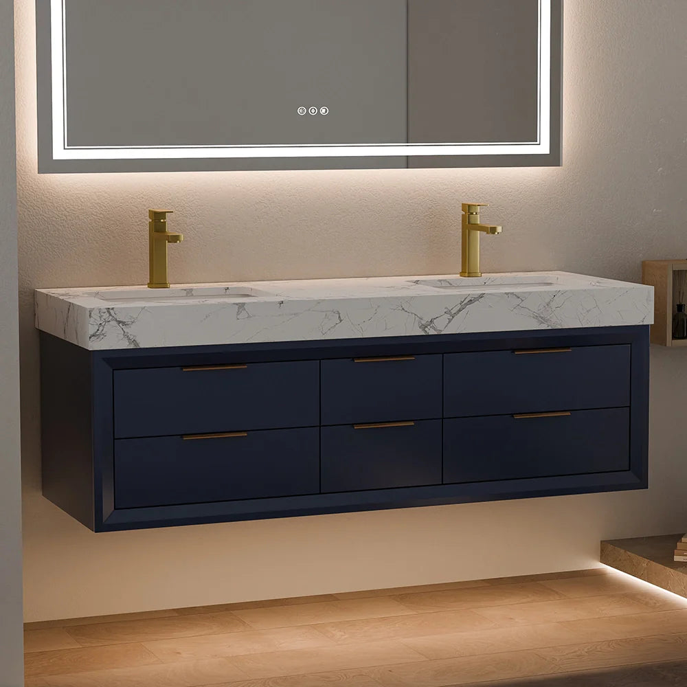 60 Inch Double Sink Solid Wood Floating Vanity with Ceramic Basin
