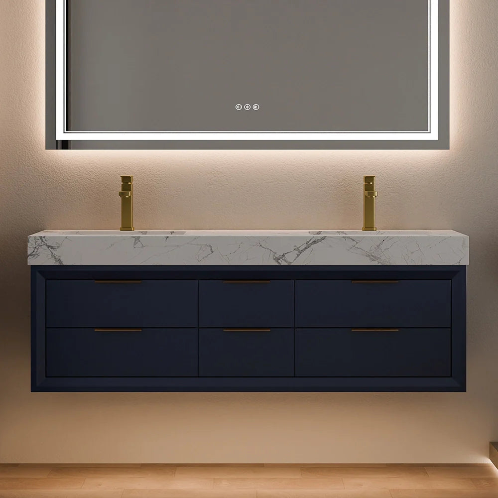 60 Inch Double Sink Solid Wood Floating Vanity with Ceramic Basin